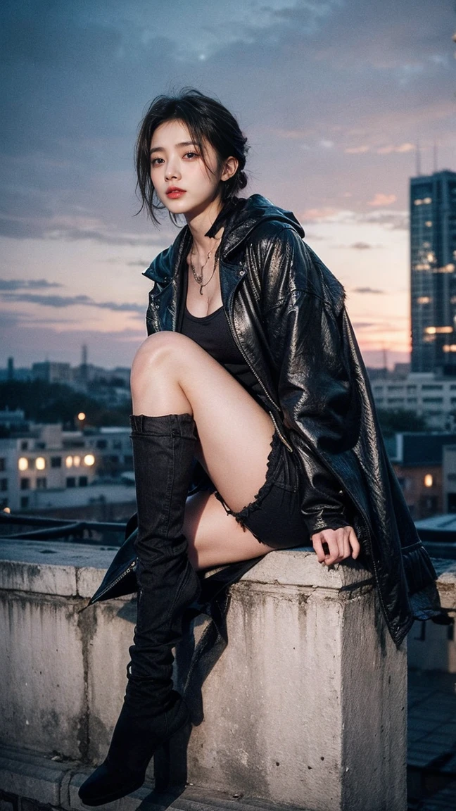 21yo girl with short dark hair and a tattered grey cloak, black pants. she hovering in the air, on top of a building in a gothic fantasy city. the sky has a red glow and ash is falling.