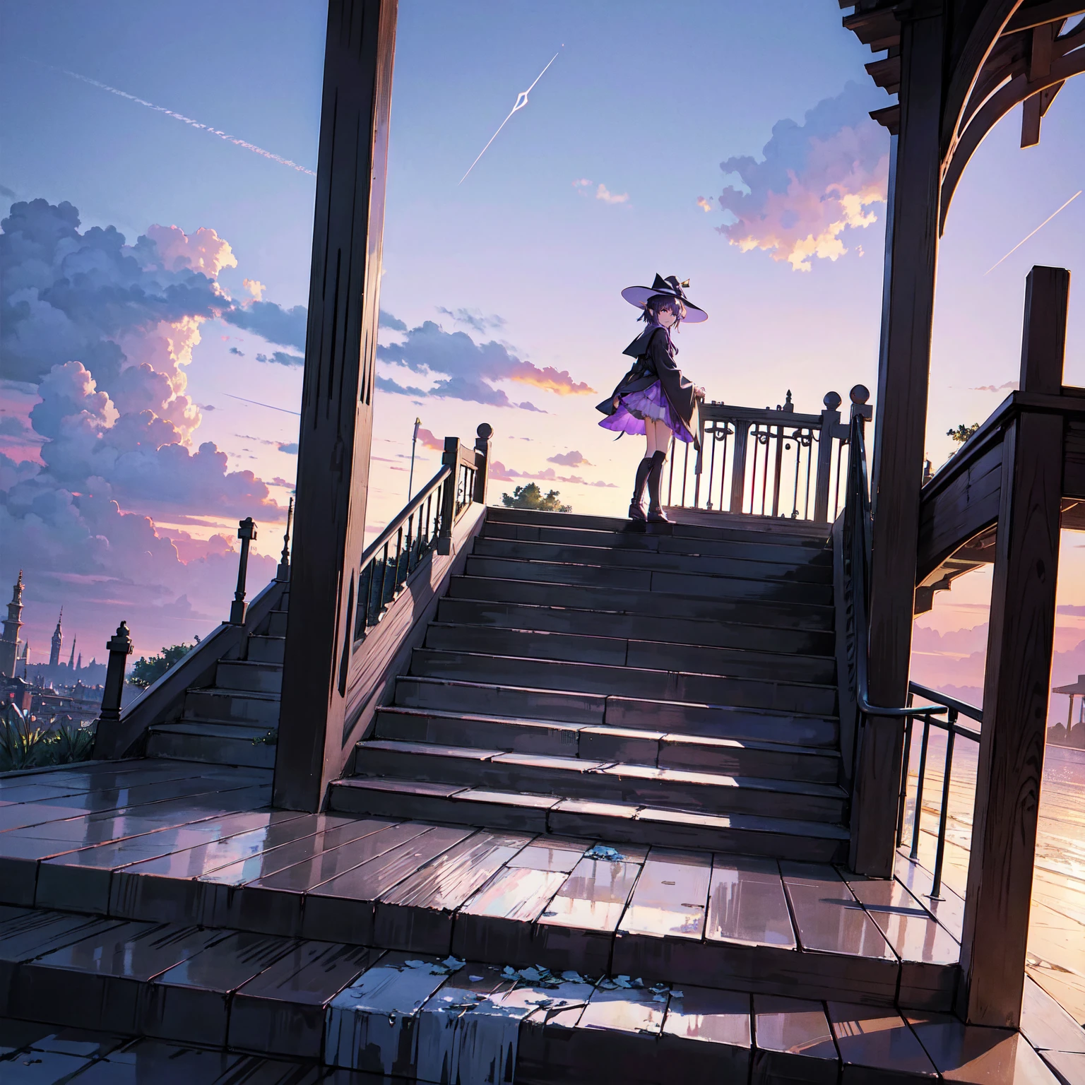 The only structure present in the painting is a simple staircase made of iron. There is no land. There are no walls. The background is nothing but stairs and clouds. A girl with long violet-purple hair. A kind, full smile. Pointy elf ears. Her clothes are simple: a black robe with wide sleeves and a black miniskirt. Her knees are showing. There is a V-shaped white insert in the front, like a kimono. A witch's hat with purple ribbons on each side. Black boots. Background, bright painting, Makoto Shinkai, only endless stairs, stairs above clouds, illustration, nostalgic, vivid, bright, sunset. A maze of connected stairs. A labyrinth of stairs. Not touching land. A simple iron staircase. Decaying old staircase.