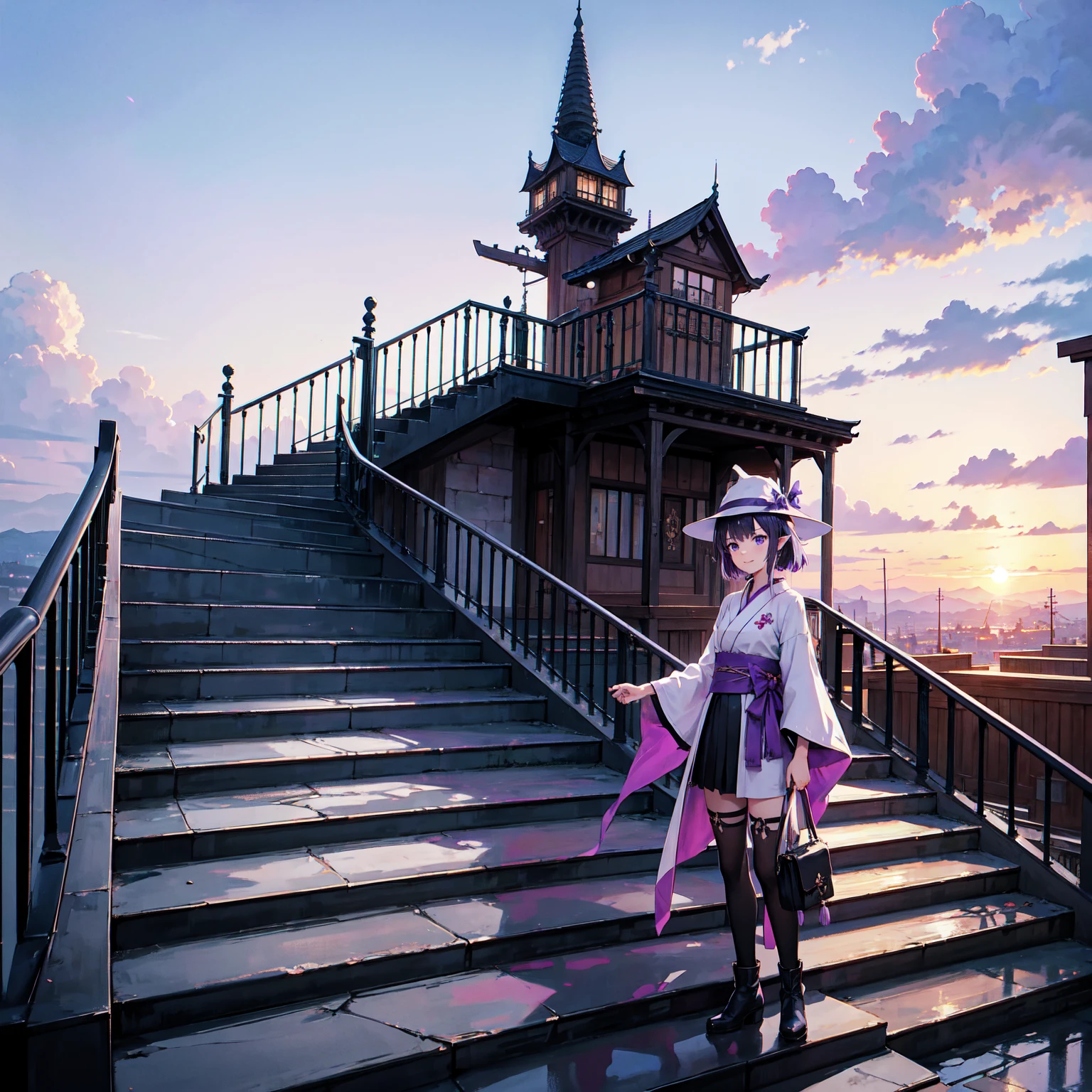 The only structure present in the painting is a simple staircase made of iron. There is no land. There are no walls. The background is nothing but stairs and clouds. A girl with long violet-purple hair. A kind, full smile. Pointy elf ears. Her clothes are simple: a black robe with wide sleeves and a black miniskirt. Her knees are showing. There is a V-shaped white insert in the front, like a kimono. A witch's hat with purple ribbons on each side. Black boots. Background, bright painting, Makoto Shinkai, only endless stairs, stairs above clouds, illustration, nostalgic, vivid, bright, sunset. A maze of connected stairs. A labyrinth of stairs. Not touching land. A simple iron staircase. Decaying old staircase.