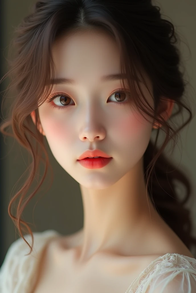 A young woman, very sensual, with the most beautiful face ever conceived until now, asian features, Light brown hair, bright complexion with a hint of blush on her cheeks, light eyes, red lips but not full.