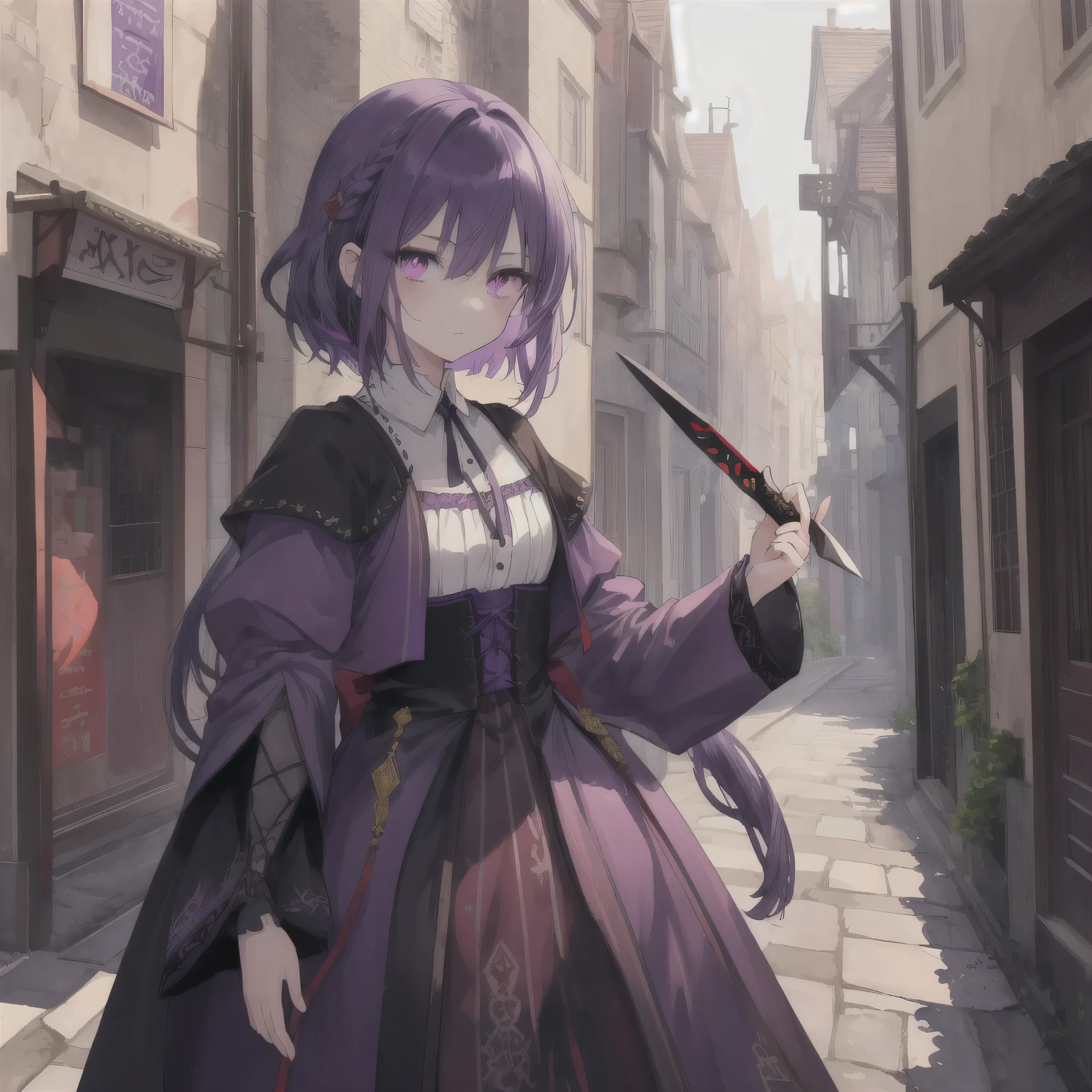 SAYUDEF, SAYURND ,1 girl, best quality, Amazing, beautiful detailed eyes, finely detailed, extremely detailed, full body, purple hair with red strand, purple eyes, short girl, skinny, fabric,robe,medieval outfit,assassin,dark purple theme,holding a dagger,ready to fight,watercolor,single face,no white elements ,full body, street background,watercolor,High Resolution, Masterpiece, fix weapon