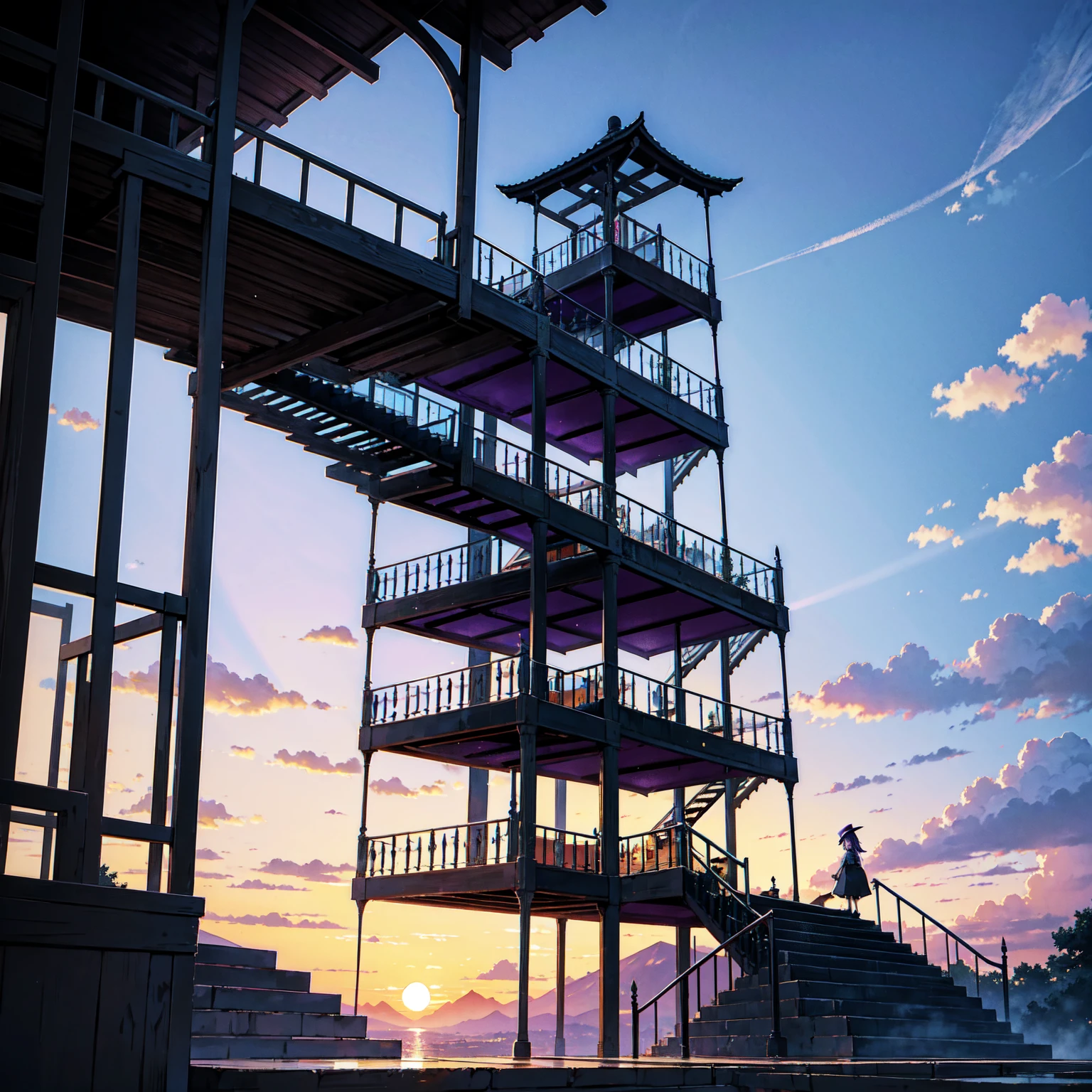 The only structure present in the painting is a simple staircase made of iron. There is no land. There are no walls. The background is nothing but stairs and clouds. A girl with long violet-purple hair. A kind, full smile. Pointy elf ears. Her clothes are simple: a black robe with wide sleeves and a black miniskirt. Her knees are showing. There is a V-shaped white insert in the front, like a kimono. A witch's hat with purple ribbons on each side. Black boots. Background, bright painting, Makoto Shinkai, only endless stairs, stairs above clouds, illustration, nostalgic, vivid, bright, sunset. A maze of connected stairs. A labyrinth of stairs. Not touching land. A simple iron staircase. Decaying old staircase.