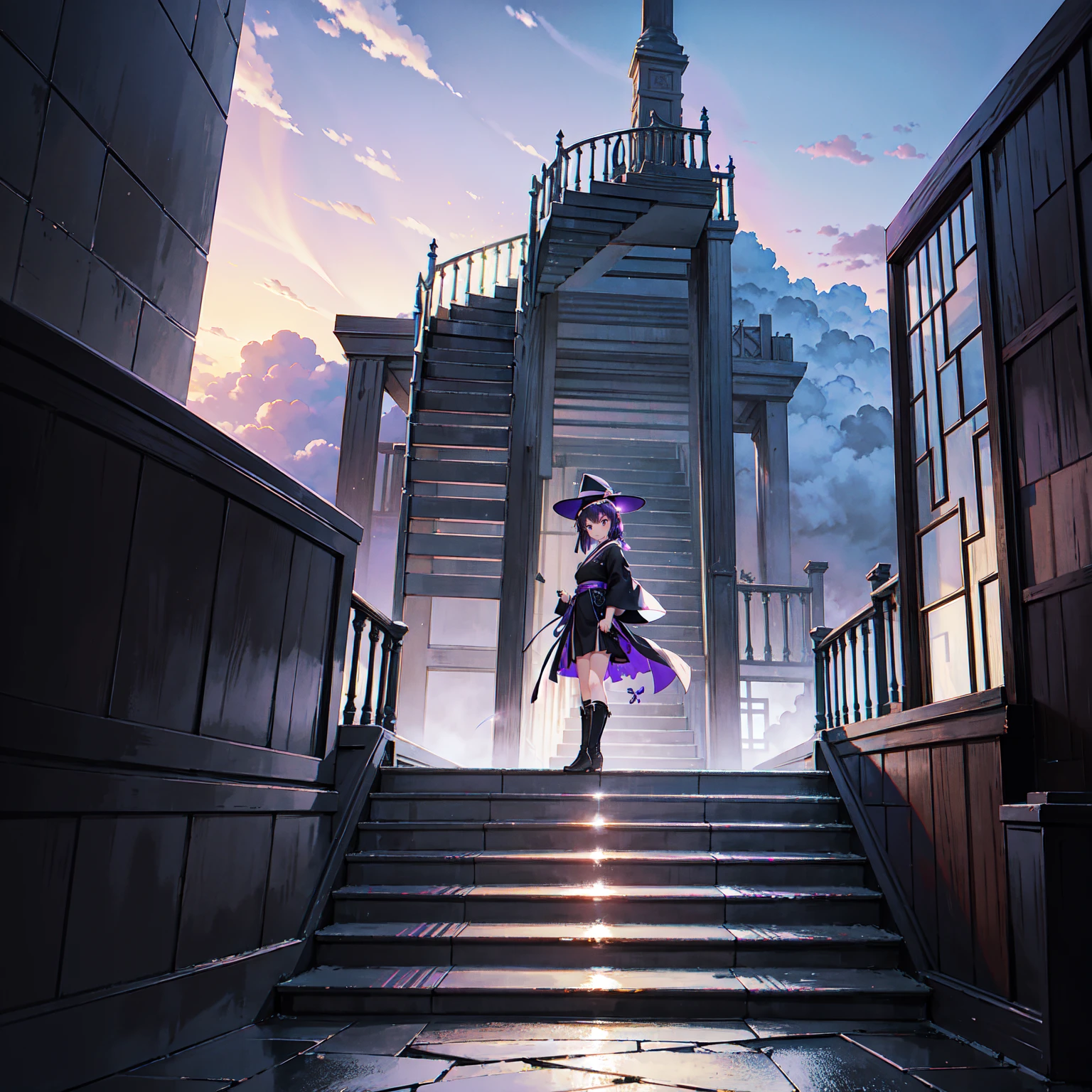 The only structure present in the painting is a simple staircase made of iron. There is no land. There are no walls. The background is nothing but stairs and clouds. A girl with long violet-purple hair. A kind, full smile. Pointy elf ears. Her clothes are simple: a black robe with wide sleeves and a black miniskirt. Her knees are showing. There is a V-shaped white insert in the front, like a kimono. A witch's hat with purple ribbons on each side. Black boots. Background, bright painting, Makoto Shinkai, only endless stairs, stairs above clouds, illustration, nostalgic, vivid, bright, sunset. A maze of connected stairs. A labyrinth of stairs. Not touching land. A simple iron staircase. Decaying old staircase.