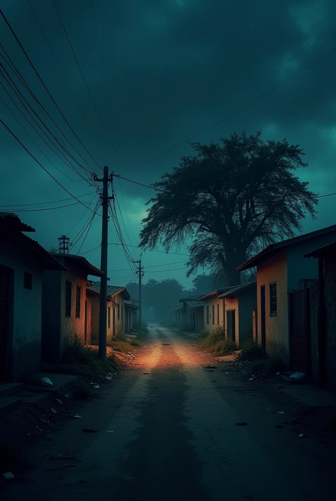 A street in an Angolan neighborhood, in a district without any basic sanitation, at night.,without streetlight illumination with a bush