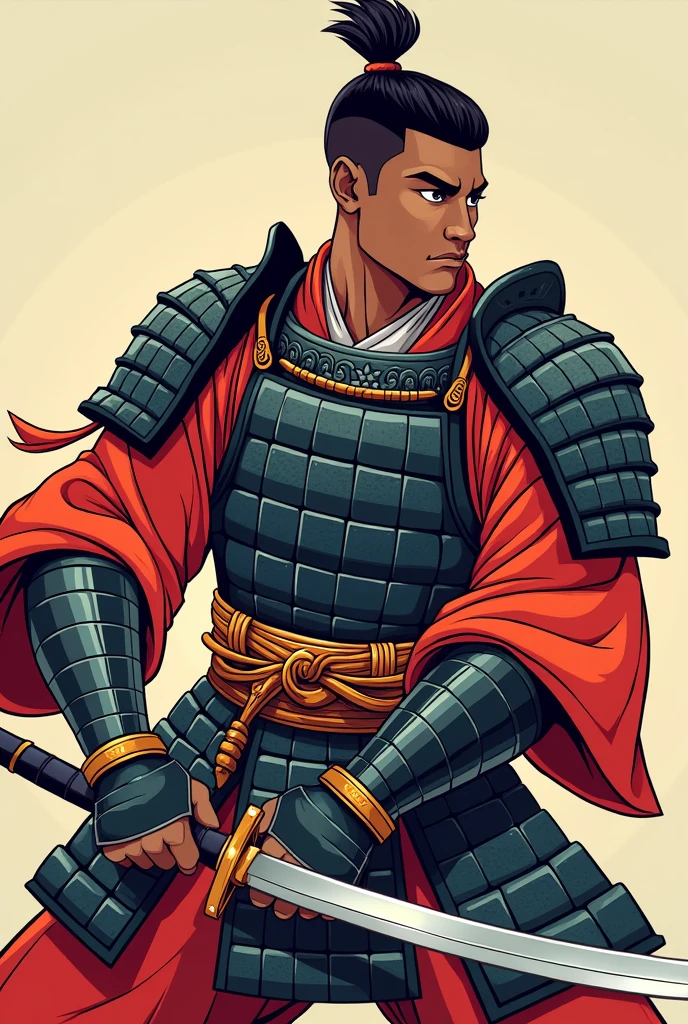 A black male japanese character wearing a samurai attire with a taper fade in a cartoon art style 