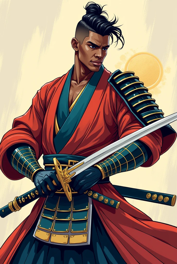 A black male japanese character wearing a samurai attire with a taper fade in a cartoon art style