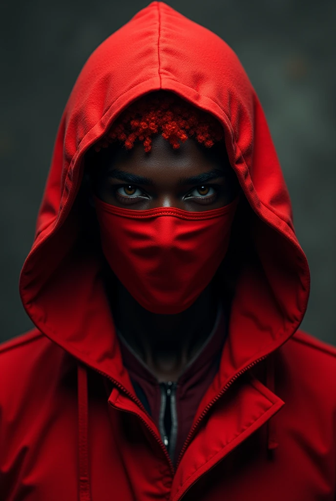 A dark-skinned character with short, curly red hair, wearing a red mask, a red hood, and looking handsome.
