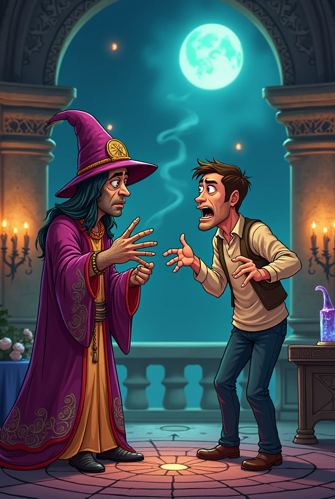 A fortune teller and a man urgently warning him in a cartoon.
