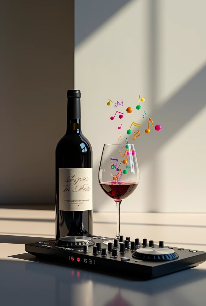 a bottle of wine and a glass full of musical notes
And a DJ controller