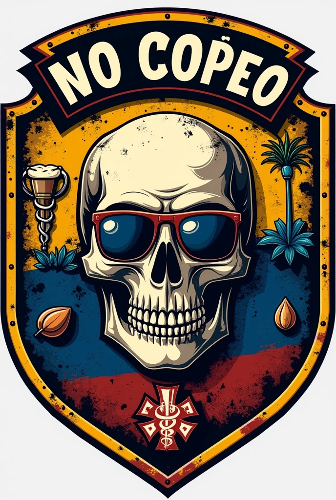 Clear, Here is a detailed description that you can use to generate the design in DALL·E:
---
**Logo Description for DALL·E:**
Design a logo for a biker group called "No Copeo". The logo should be in the shape of a shield or circle.
1. **Background and Border**: Use the Colombian flag (yellow, blue and red) as the background of the shield or as the outer border of the logo.
2. **skull**: Place a skull in the center of the shield. The skull should have a bold style and may include details such as biker glasses for a thematic touch.
3. **Central Elements**:
- **beer**: Place a stylized image of a beer just below the skull.
- **Coffee Seed**: Place a coffee seed at the bottom of the shield or on one side.
- **tire**: Integrate a tire behind the skull or on the sides, in a way that complements the design without overwhelming the other elements.
- **Medical Sign**: Place the medical sign (Caduceus or similar symbol) in a corner of the shield or at the bottom as an additional detail.
4. **Text**: Surround the shield with the text "No Copeo" in a robust and clear font that stands out around the edge of the logo.
5. **Colors and style**: Use vibrant colors for the flag and black or gray details for the skull, with metallic colors for the tire and the medical sign.