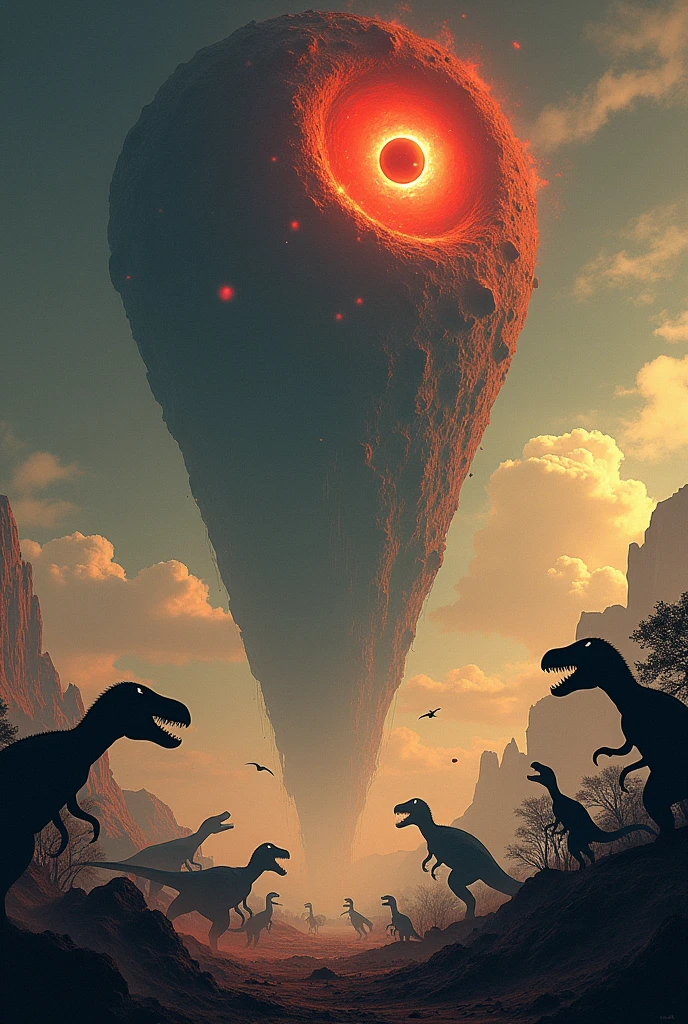 Recreate the dinosaur apocalypse using Sauron from The Lord of the Rings as the meteor..
Integrated in a simple illustration style