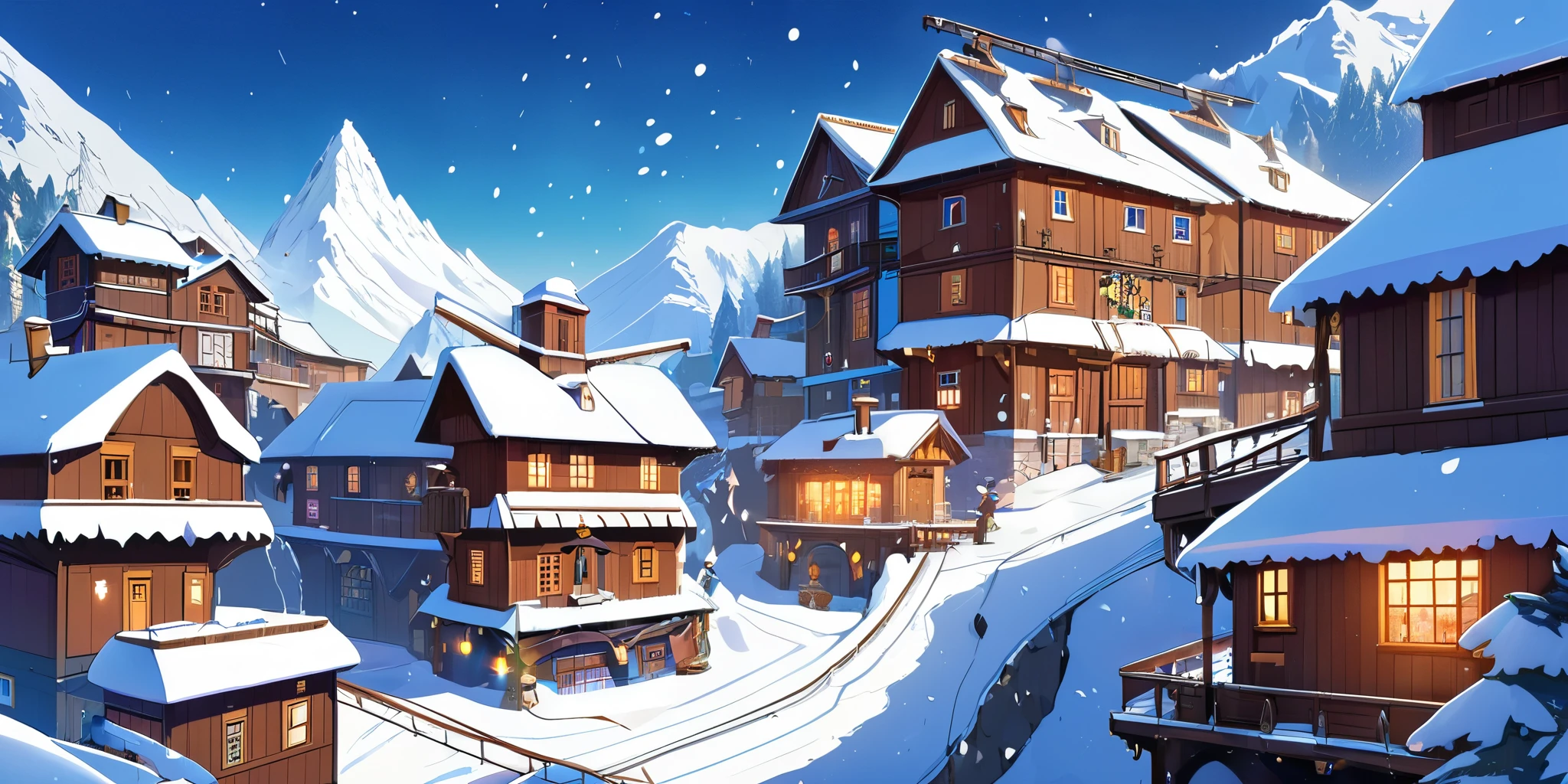 Dessinez une affiche d'anime lofi, village, mountain, Steampunk decoration, Cascade, Light, snowing, a beautiful color palette in white and blue, couleurs saturées vibrantes, ouvrages d'art, les jours, animated theme