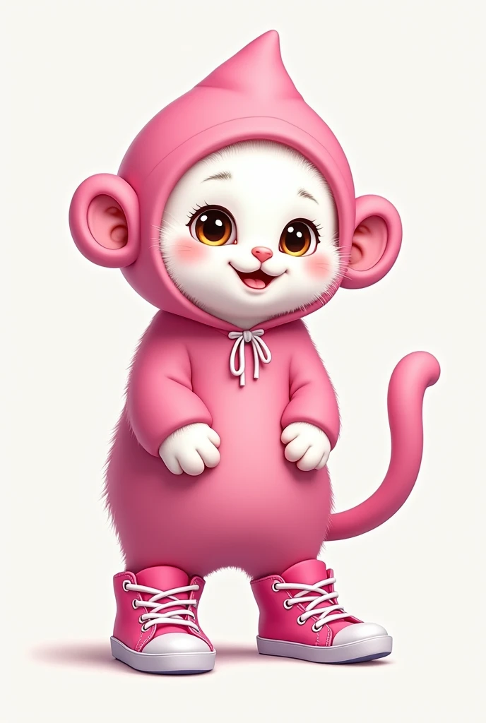 White cat wearing a pink monkey and pink allstars