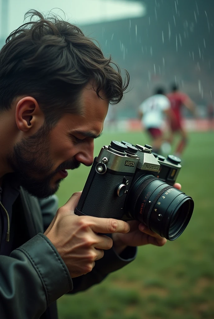An old camera close-up, with a photographer trying to capture the action while the game is happening in the background. Adds a sense of urgency and frustration.Realista,cinematic,8k