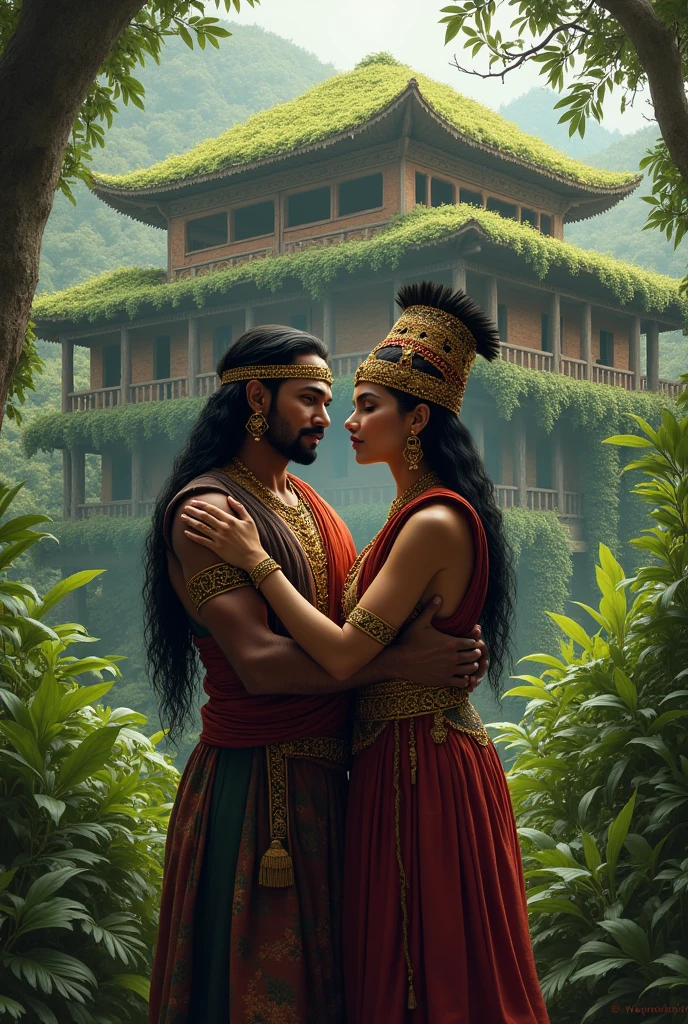 Two Inca barons embracing each other face to face, with their backs to the door of an Inca house in the jungle, a two-story house with a roof covered in green leaves.