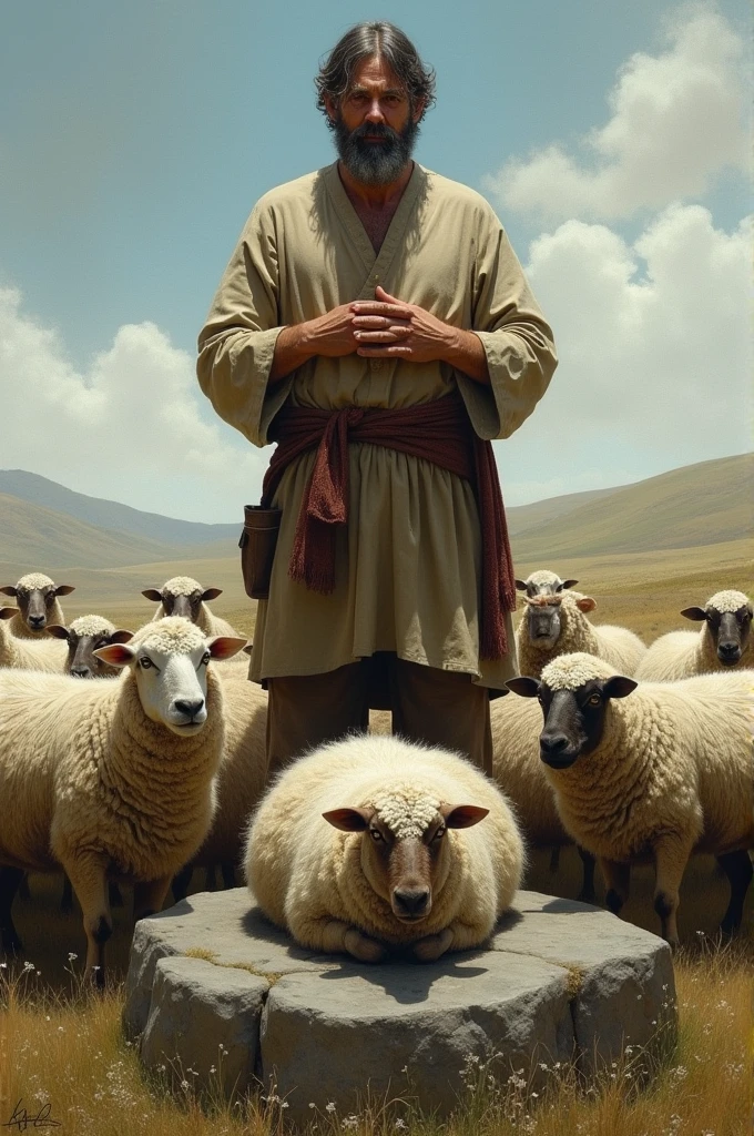 A depicting image of a man who direct sheep setting a sheep on a rock to slaughter 