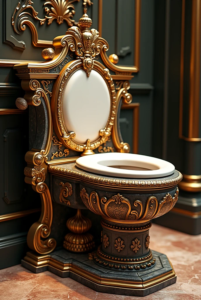 Create an image of a luxurious, elegant toilet with a completely new design that blends royal, imperial styles with modern comfort. The toilet should have a regal, throne-like appearance with ornate detailing, including gold or bronze accents, and luxurious materials such as marble or polished porcelain. The design should incorporate a comfortable footrest that allows for an ergonomic seating position. Include elements like a plush, cushioned seat, intricate carvings, and possibly a backrest with royal motifs such as crowns or classic baroque patterns. Use a rich color palette with deep burgundy, royal blue, and gold to emphasize the opulence and grandeur, making it fit for a palace. The overall look should balance modern functionality with timeless elegance.