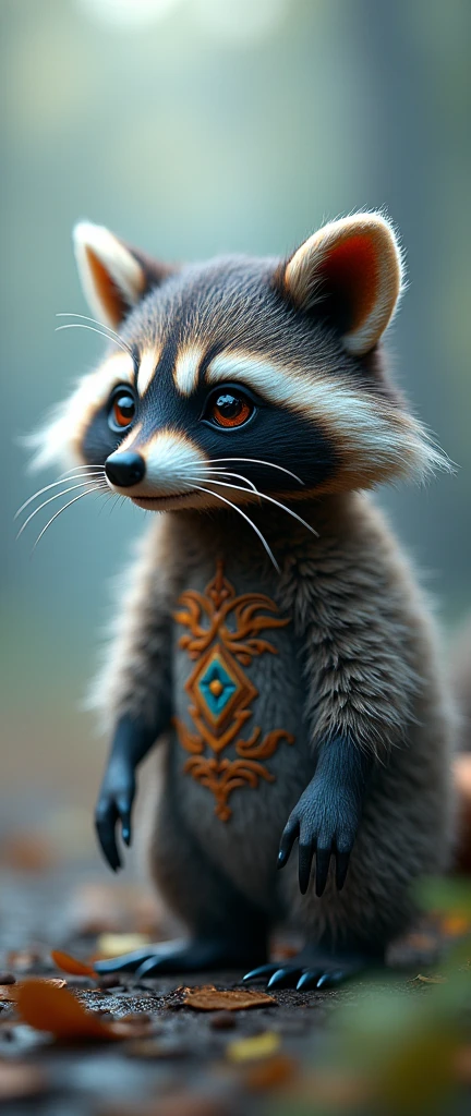 A captivating 3D render of a fluffy baby raccoon with a serene expression, its amber eyes sparkling with mystique. The raccoon's head is turned slightly, displaying its detailed facial features, such as a sharp, elongated snout and pointed ears. Ornate patterns are intricately woven into its body, adding to its enchanting appeal. The raccoon seems to emerge from a misty, ethereal background, intensifying its mystical aura, creating a mesmerizing, conceptual artwork., 3d render, conceptual art, photo