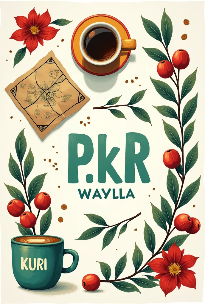 an illustration that is made on a mural that is white with the words P.k.R de color verde claro dentro de un mapa pequeño en la parte derecha y la palabra WAYLLA en verde oscuro y kURI en rojo junto con dibujos de ramas de café y una taza