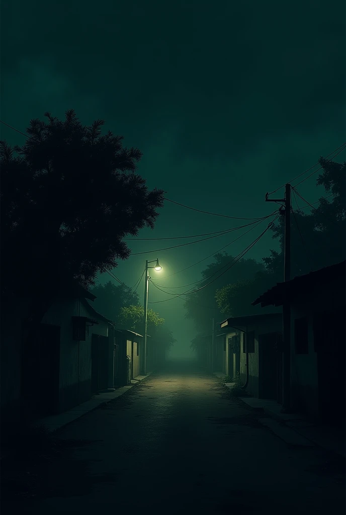 A street in an Angolan neighborhood, in a district without any basic sanitation, at night.,without streetlight illumination with a bush,all in the dark
