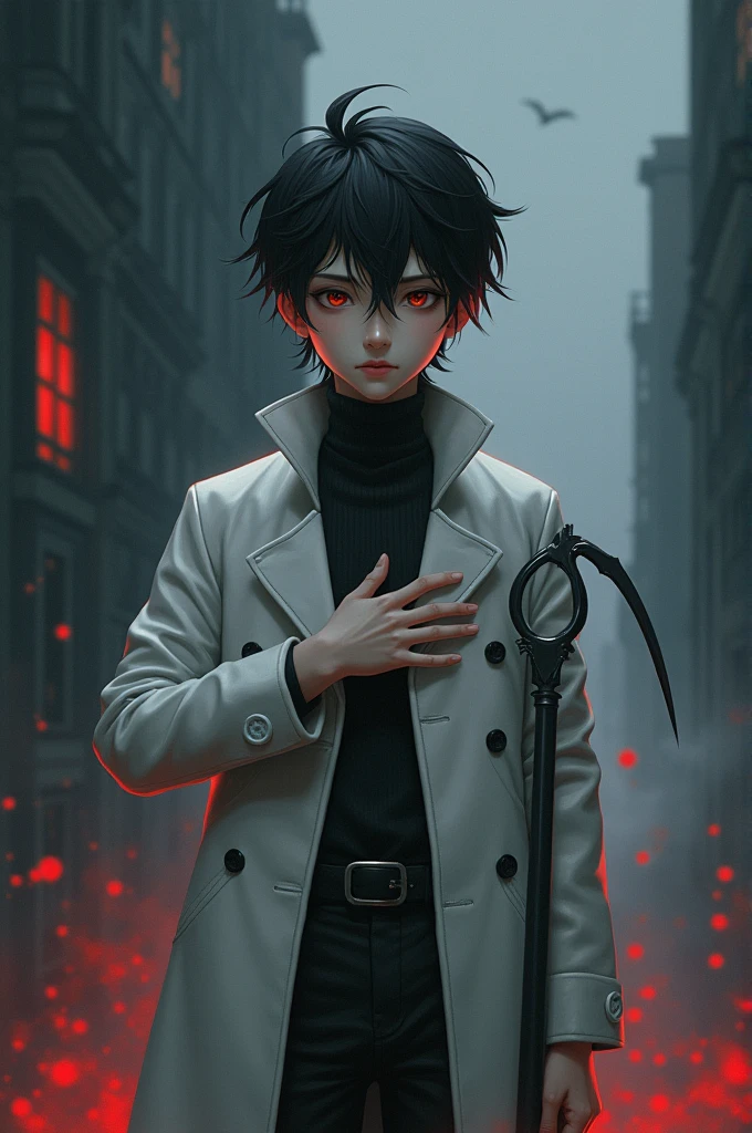 anime styled digital novel painting featuring a , boy with dark hair, eyes, and a solemn expression. He is wearing a double breasted coat short white coat that is buttoned up on both sides of the chest. The boy is holding a sickle in his right hand, while his left hand is placed over his chest. The background is a dark, misty sky with traces of red dust falling from the sky, a silhouette building.