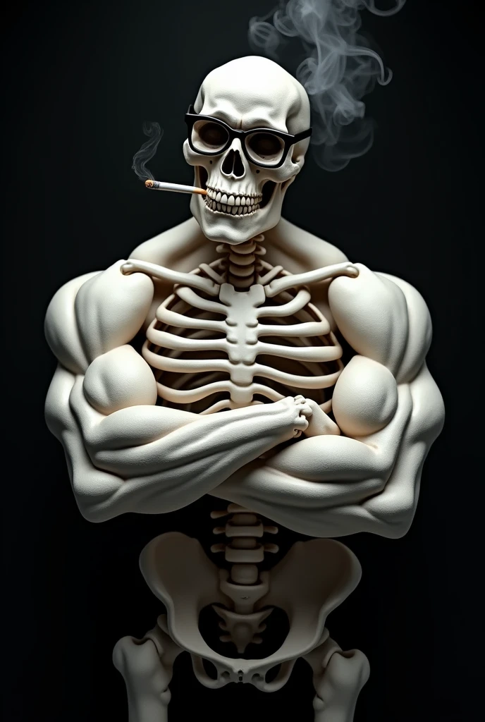 Create a white muscular skeleton ,with very large white muscles in the arms ,smoking a lit cigarette and wearing black glasses , Against a black background (100%very muscular black man with a small smile