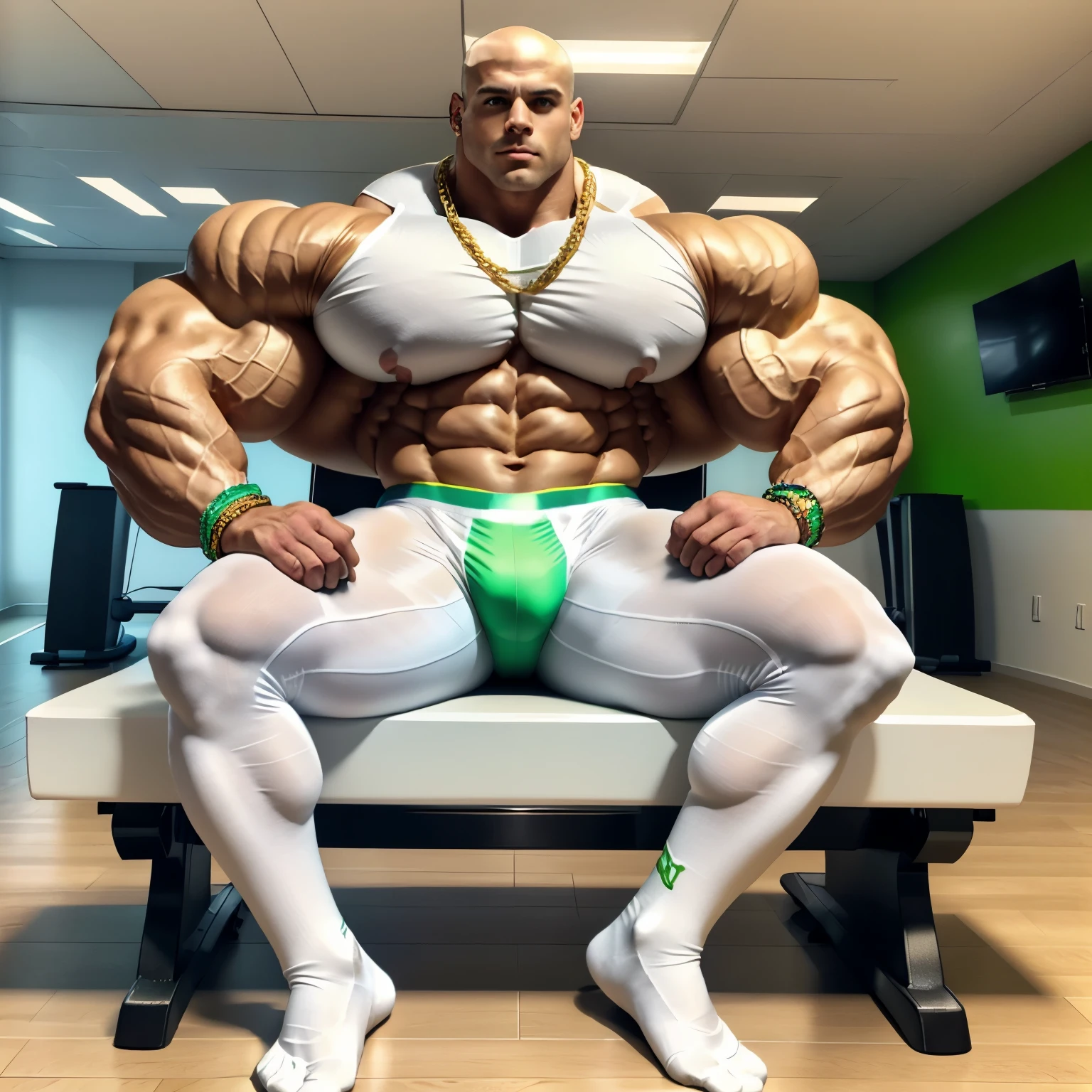 full view, full body, one handsome young artificially tanned white bald over-muscular man in white socks, shirtless wearing neon-green lycra leggings and white sheer socks, no shoes, gold chains, bracelets, rings, arrogantly sitting on bench in his white sheer socks next treadmill in gym, his white sheer professional socks must be seen