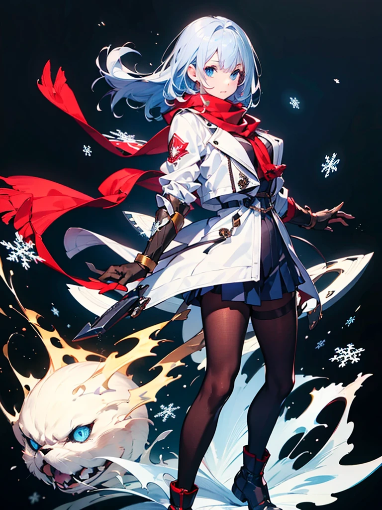 Black background with spotlight, Snowflakes flutter,Wearing a red scarf, White jacket,Medium hair, Blue and white hair,blue eyes,mechanized hand++, Unusually huge gauntlet++, whole body