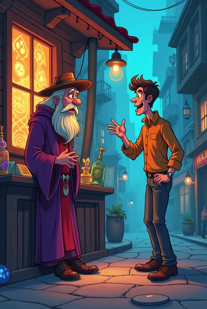 A fortune teller in a shop and a man urgently warning him in a cartoon