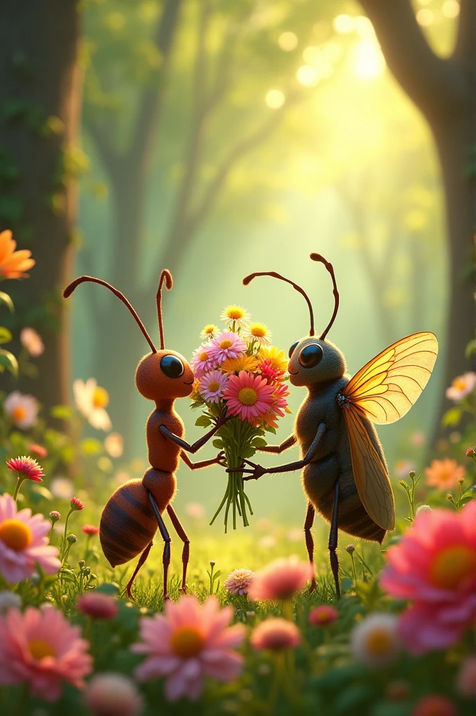 Create an ant giving a bouquet of flowers to its friend the cicada in the forest full of flowers