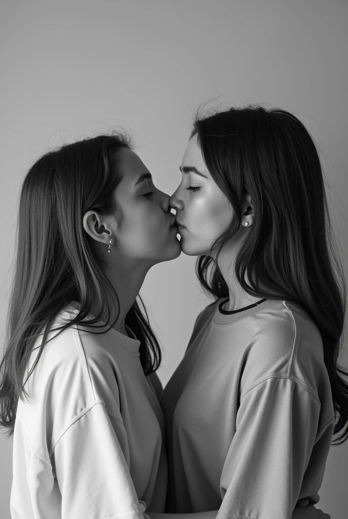 Make a boy and a girl of 15 years . The girl should be kissing to the boys chick. The picture should be black and white