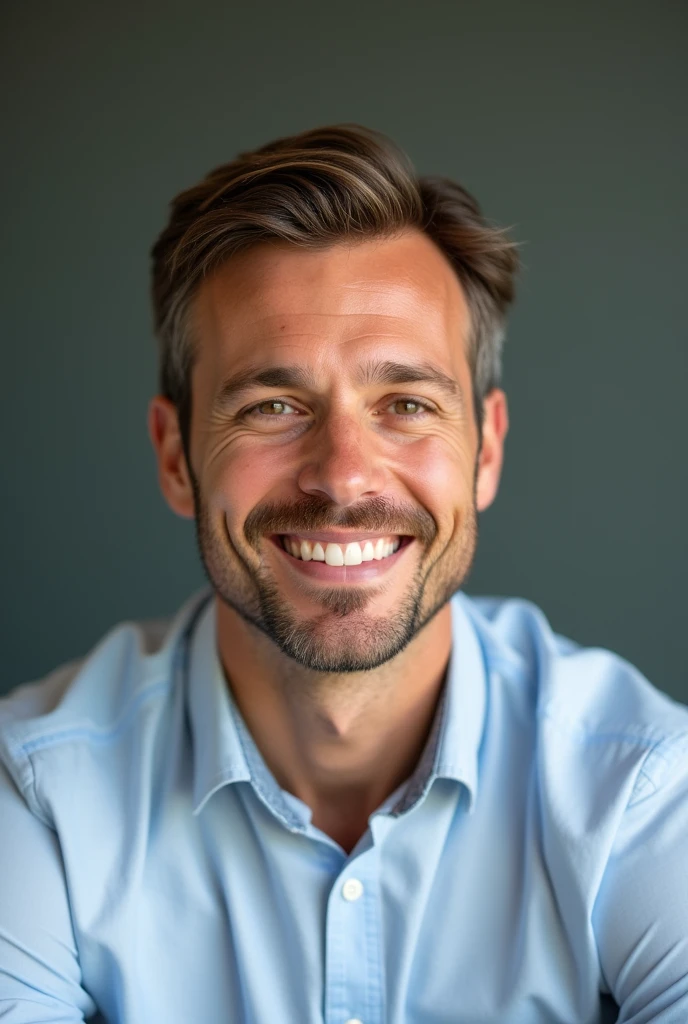 A handsome american man, well dressed, smile on face, looking in camera