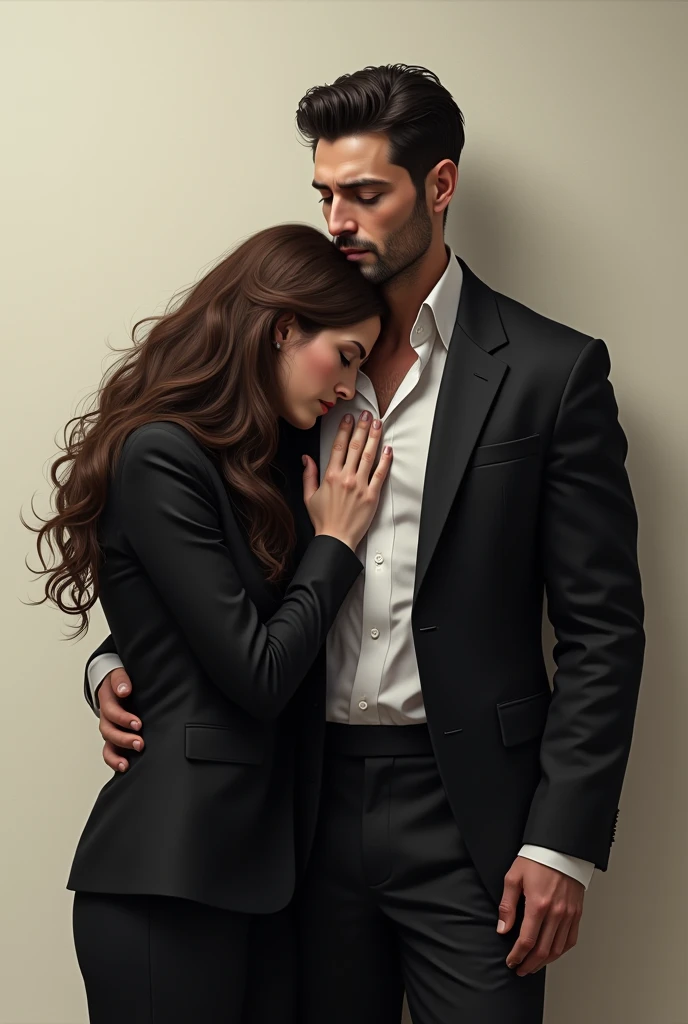 A tall man, in a black wedding suit, with black hair, an intimidating and somewhat muscular air, getting tired with a brown-haired woman
