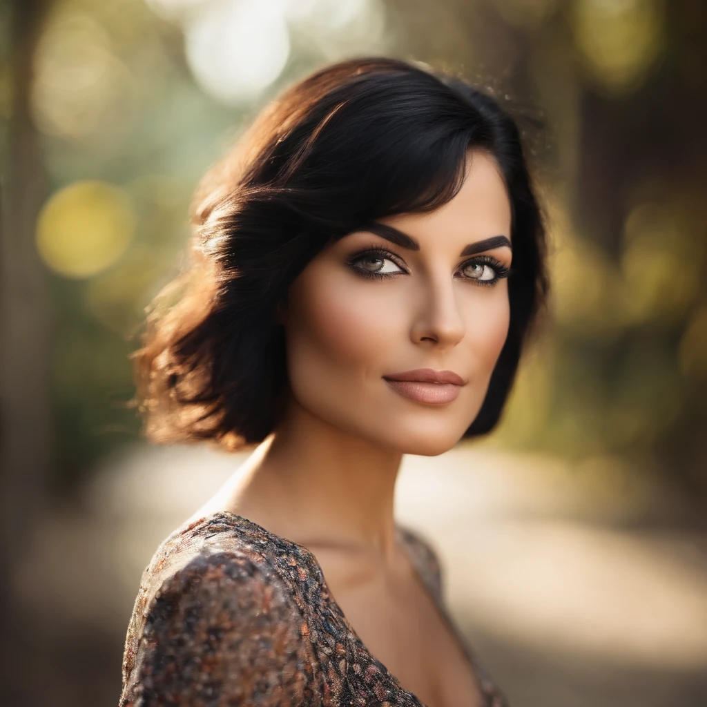 Bust photo of a beautiful brunette woman, very short straight black hair, light and cheerful round face, black eyes, thin lips and thin nose.
