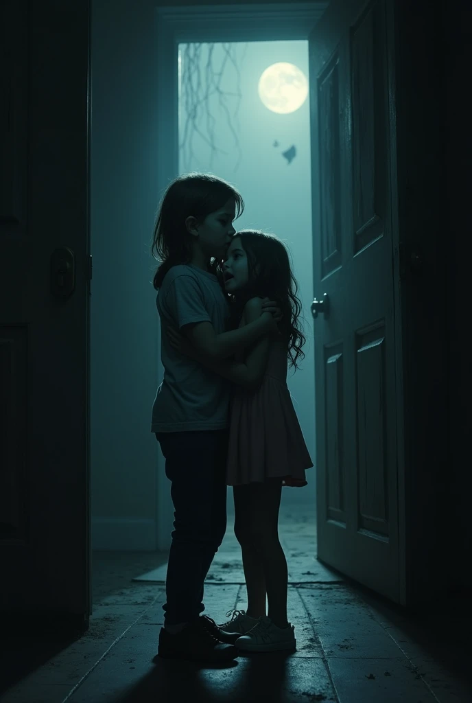 A boy and a girl are scared, locked in a dark house with the doors closed.