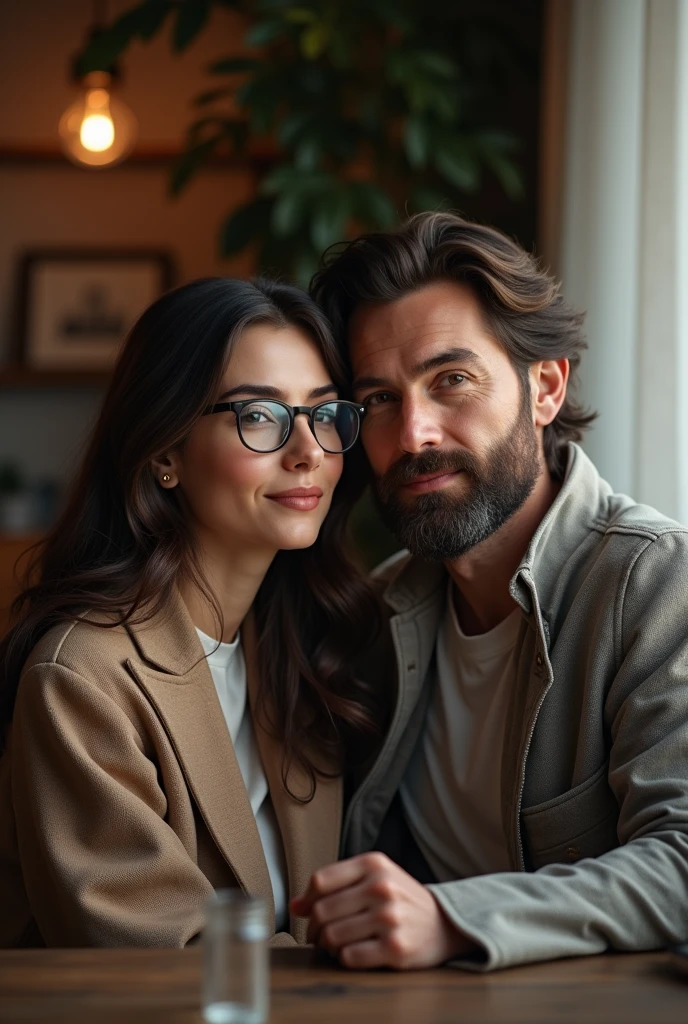Light-skinned guy with a beard with a brunette girl wearing glasses