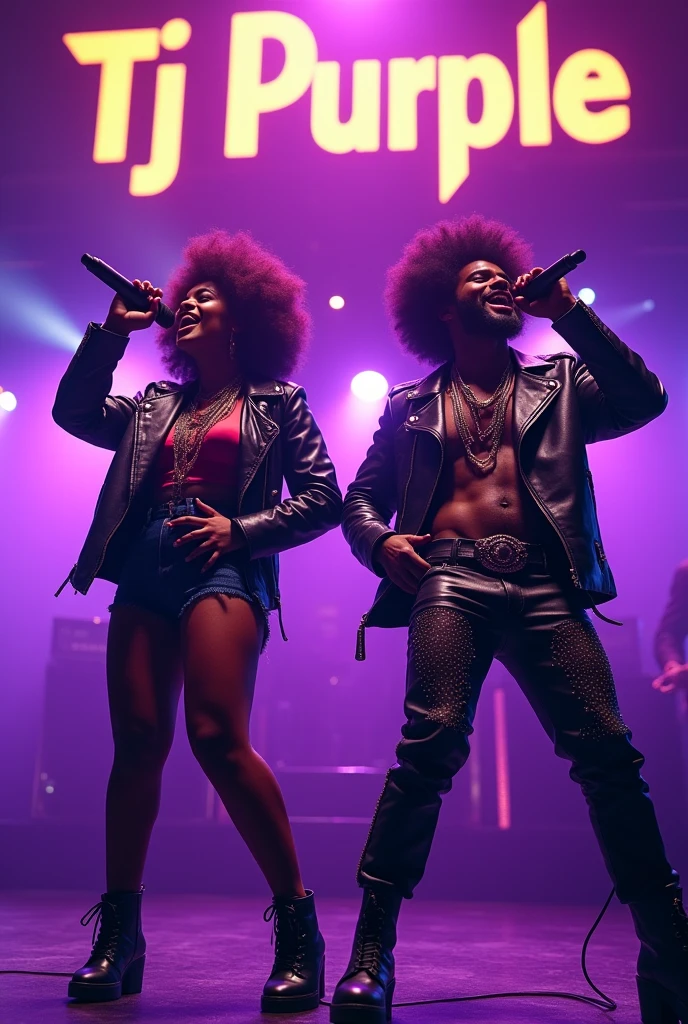 Afro Man and woman in rockstar outfits singing on stage with the word Tj Purple boldly written on the Background.