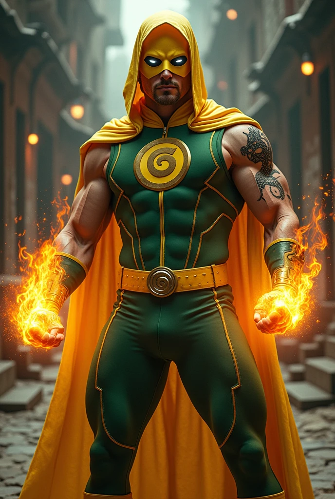 ((best quality)), ((masterpiece)), (detail), Iron Fist, Marvel, 1man, shirtless, martial arts, yellow mask covering upper face, white eye patterns with black outline, muscular, green costume, yellow belt and boots, burning fists, black dragon tatto shapes into a circle, dragon aura, mystical
