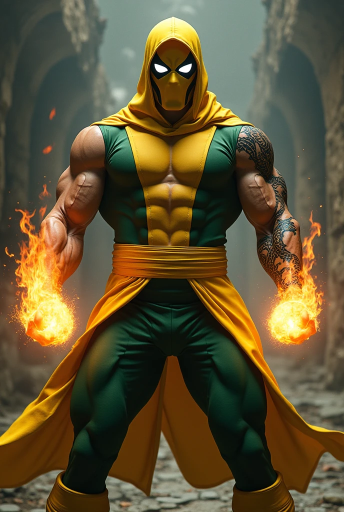 ((best quality)), ((masterpiece)), (detail), Iron Fist, Marvel, 1man, shirtless, martial arts, yellow mask covering upper face, white eye patterns with black outline, muscular, green costume, yellow belt and boots, burning fists, black dragon tatto shapes into a circle, dragon aura, mystical
