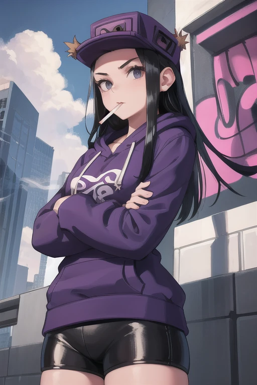 masterpiece, best quality,  cassettegirl, hat, purple hoodie, short shorts, cityscape, sky, clouds, graffiti, upper body, looking at viewer, crossed arms, cigarette in mouth