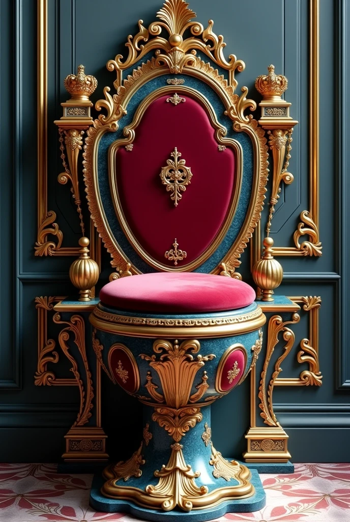 Create an image of a luxurious, elegant toilet with a completely new design that blends royal, imperial styles with modern comfort. The toilet should have a regal, throne-like appearance with ornate detailing, including gold or bronze accents, and luxurious materials such as marble or polished porcelain. The design should incorporate a comfortable footrest that allows for an ergonomic seating position. Include elements like a plush, cushioned seat, intricate carvings, and possibly a backrest with royal motifs such as crowns or classic baroque patterns. Use a rich color palette with deep burgundy, royal blue, and gold to emphasize the opulence and grandeur, making it fit for a palace. The overall look should balance modern functionality with timeless elegance.