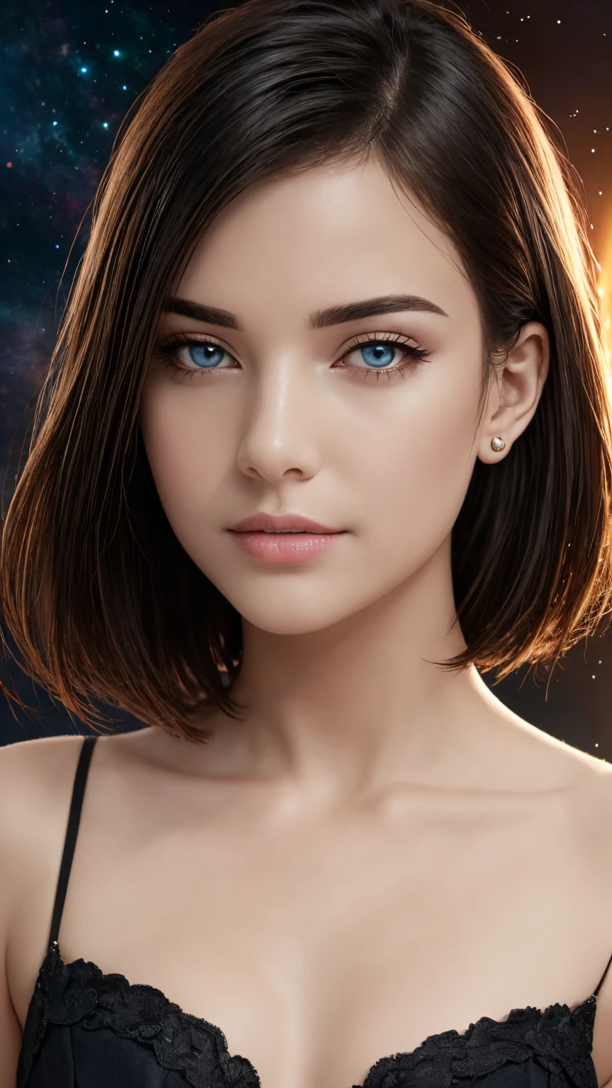 masterpiece, best quality, (extremely detailed CG unity 8k wallpaper, masterpiece, best quality, ultra-detailed, best shadow), (detailed background), (beautiful detailed face, beautiful detailed eyes), High contrast, Realistic woman, frecles, (best illumination, an extremely delicate and beautiful), short hair, hair ornament, accessories, piercing, intricate background, colorful light_particles, space, dark background, 