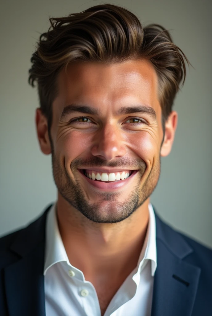 A young handsome american man, well dressed, smile on face, looking in camera