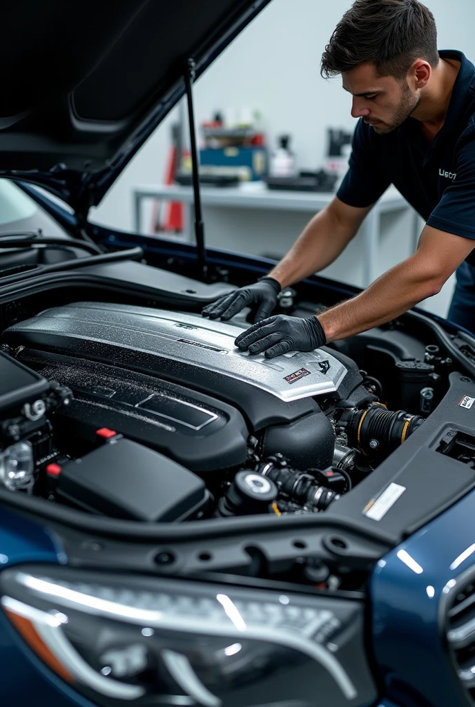 Detailed Engine Bay Cleaning:
Prompt: An image of a luxury car’s engine bay being meticulously cleaned by a professional detailer. The engine components should be spotless, with chrome and metallic parts gleaming under bright workshop lights. The detailer should be using specialized tools, emphasizing the thoroughness and precision of RS Detailing’s service.