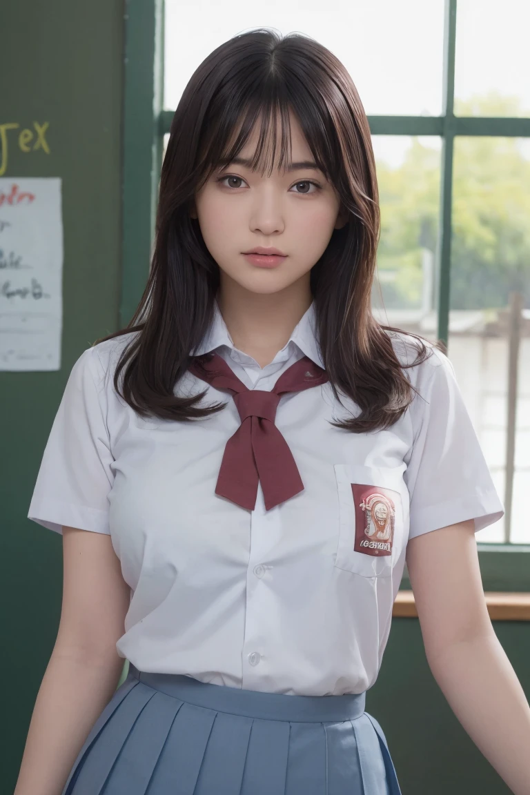 (Highest quality:1.4),(masterpiece:1.4),(Realistic:1.4),(Realistic:1.2),(超High resolution, RAW Photos:1.4),(High resolution, Very detailed:1.2),(8k:1.2),photograph,a photo of a dark-haired,One Girl,alone,,nipple,naked,((school uniform, Sailor suit,, Fine ribbon and pleated skirt)), button skirt, open button, ((show nipples)), (show breast) cleavange,((Big Breasts)),((Upper Body:1.3))