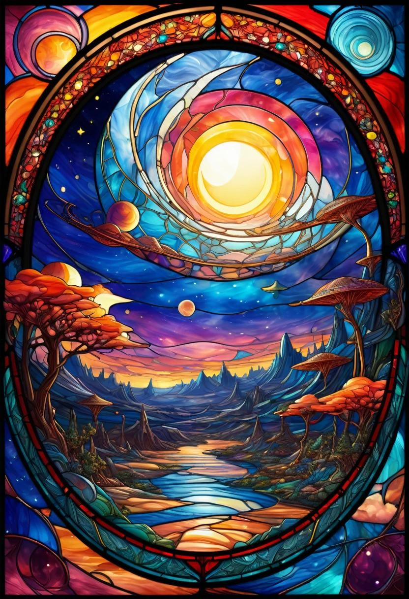 a magnificent sunset on a strange and mysterious alien Stained glass style planete. It's very textured and detailed with dreaming lot of whirlwind multicolored and dreaming dust