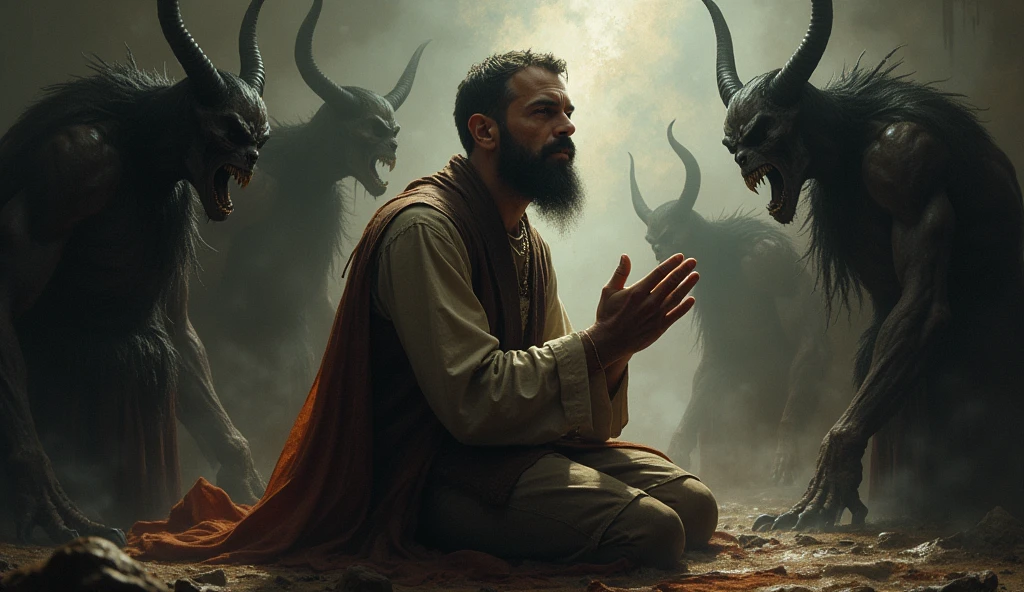 Man praying and demons tremble in fear