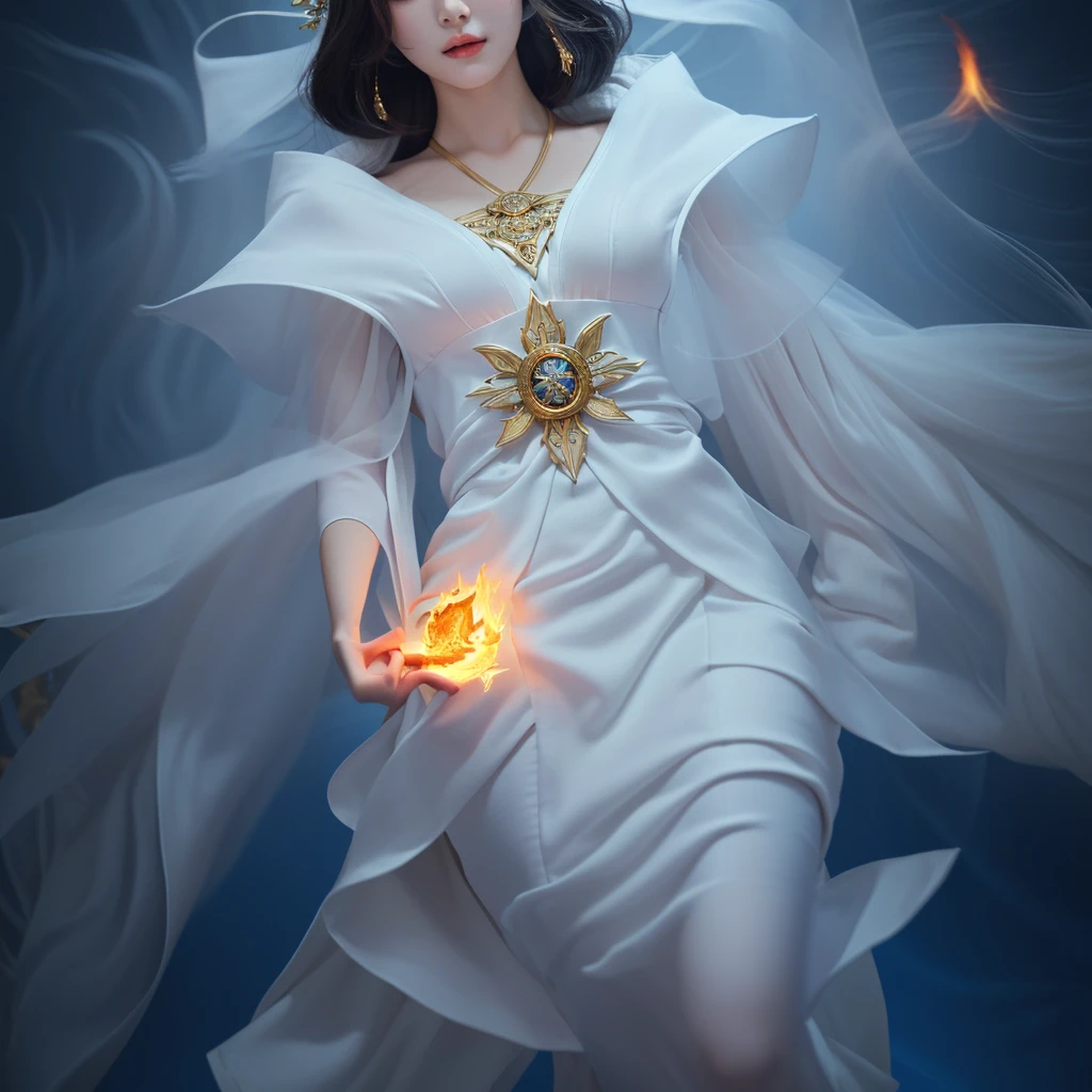 a woman in a white dress holding a sword and a fire ball, beautiful celestial mage, onmyoji detailed art, full portrait of elementalist, onmyoji, epic mage girl character, by Yang J, fire mage, flowing magical robe, heise jinyao, extremely detailed artgerm, female mage, ne zha from smite, ornate flowing robe