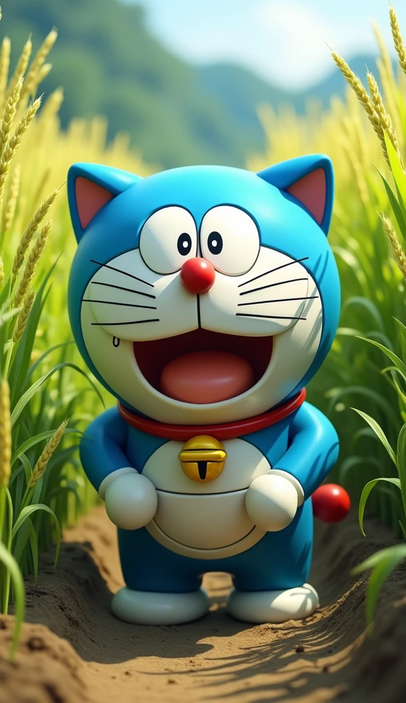 Doraemon harvested rice,Doraemon's face was sweating a lot because he was very tired 