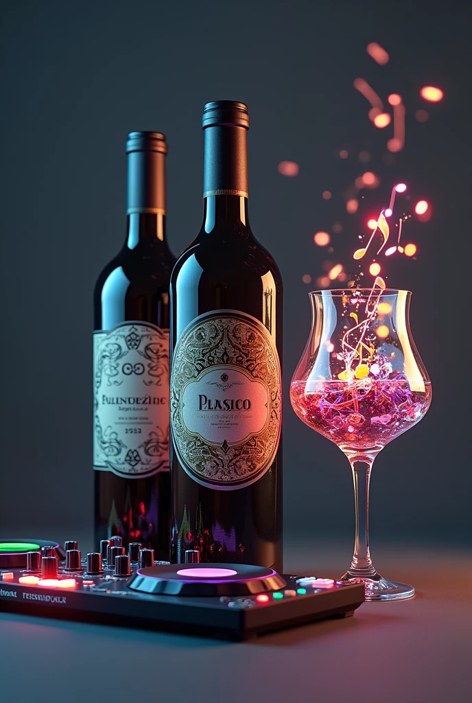 a bottle of wine and a glass full of musical notes
And a DJ controller